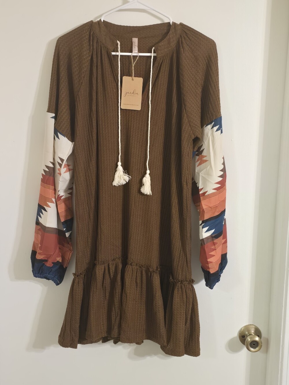 Jardin By Macris Brown Boho Tassel Tunic Dress with Aztec Print Sleeves Small